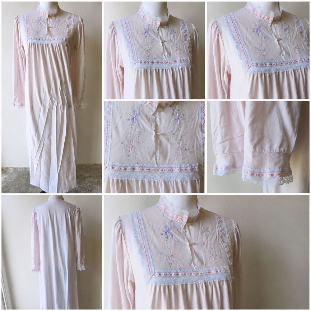 Vintage 70/80 Pinehurst Lingerie Pink Nightgown Long Sleeve Lace Embroidered M/L
